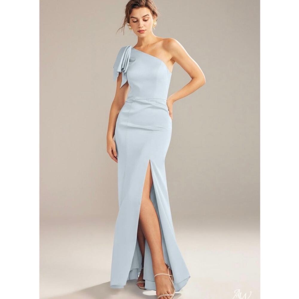 NEW After Six Crepe Princess Bow Gown One Shoulder Mist Blue Slit Thigh Size 4